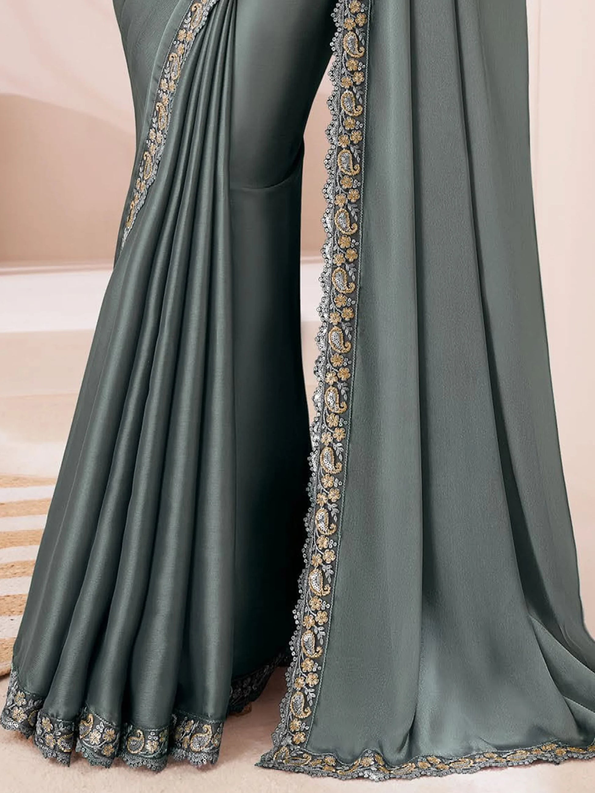 Beautiful Grey Embroidered Georgette Reception Wear Saree With Blouse - Zeel Clothing