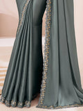 Beautiful Grey Embroidered Georgette Reception Wear Saree With Blouse - Zeel Clothing