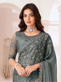Beautiful Grey Embroidered Georgette Reception Wear Saree With Blouse - Zeel Clothing