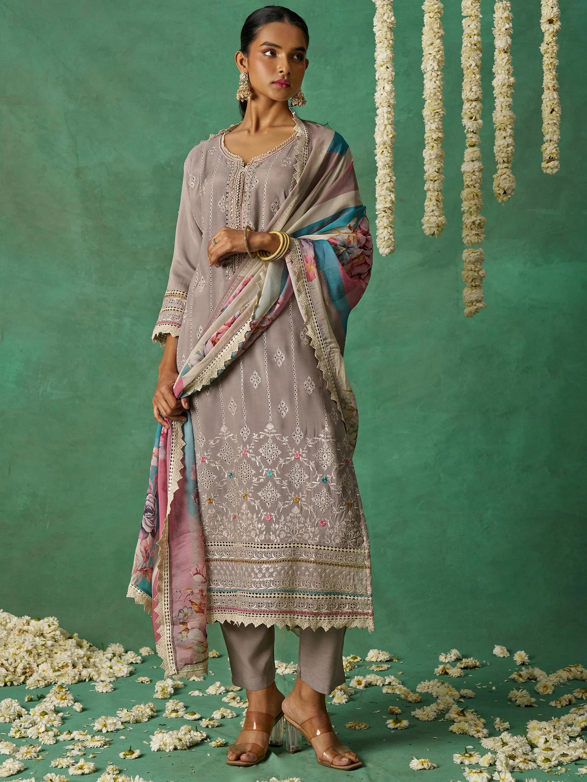 Beautiful Grey Embroidered Organza Designer Pant Suit With Dupatta