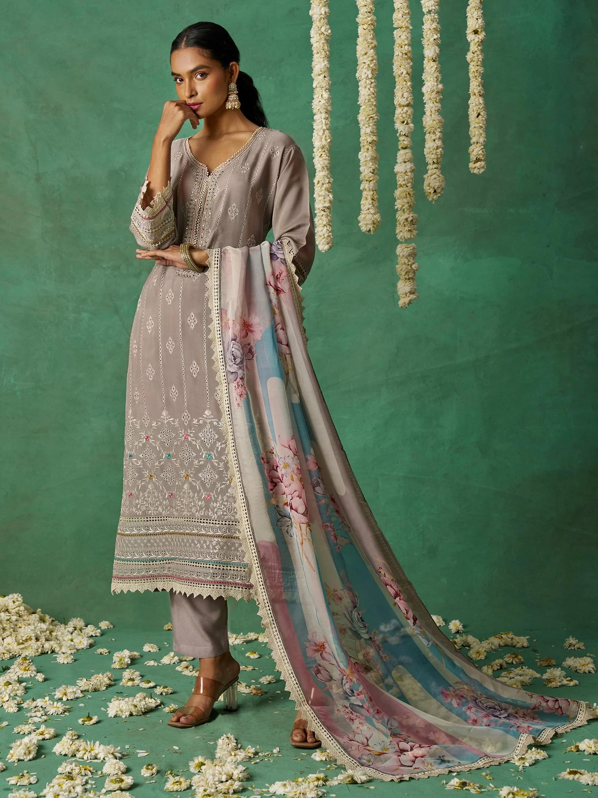Beautiful Grey Embroidered Organza Designer Pant Suit With Dupatta