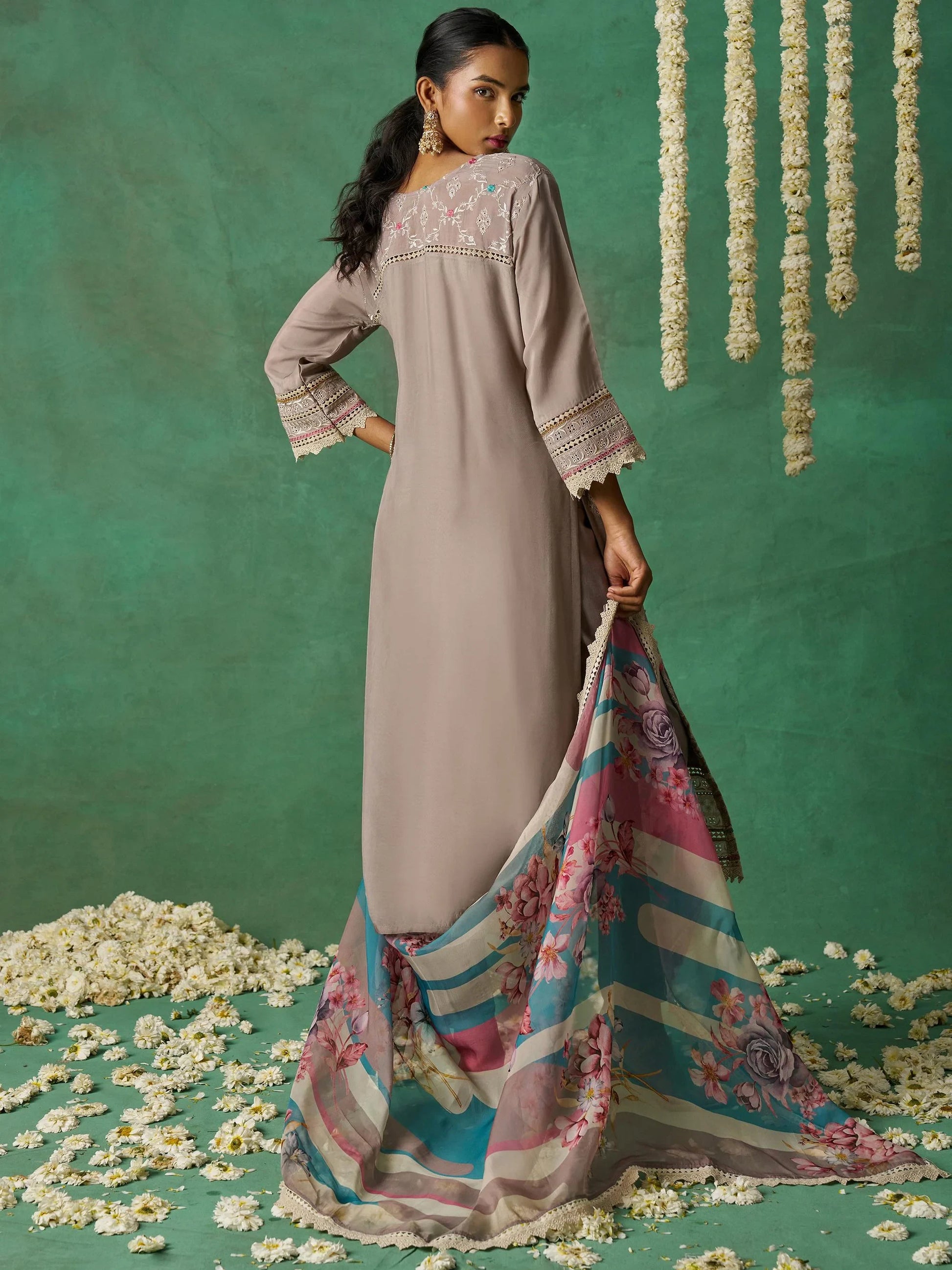 Beautiful Grey Embroidered Organza Designer Pant Suit With Dupatta