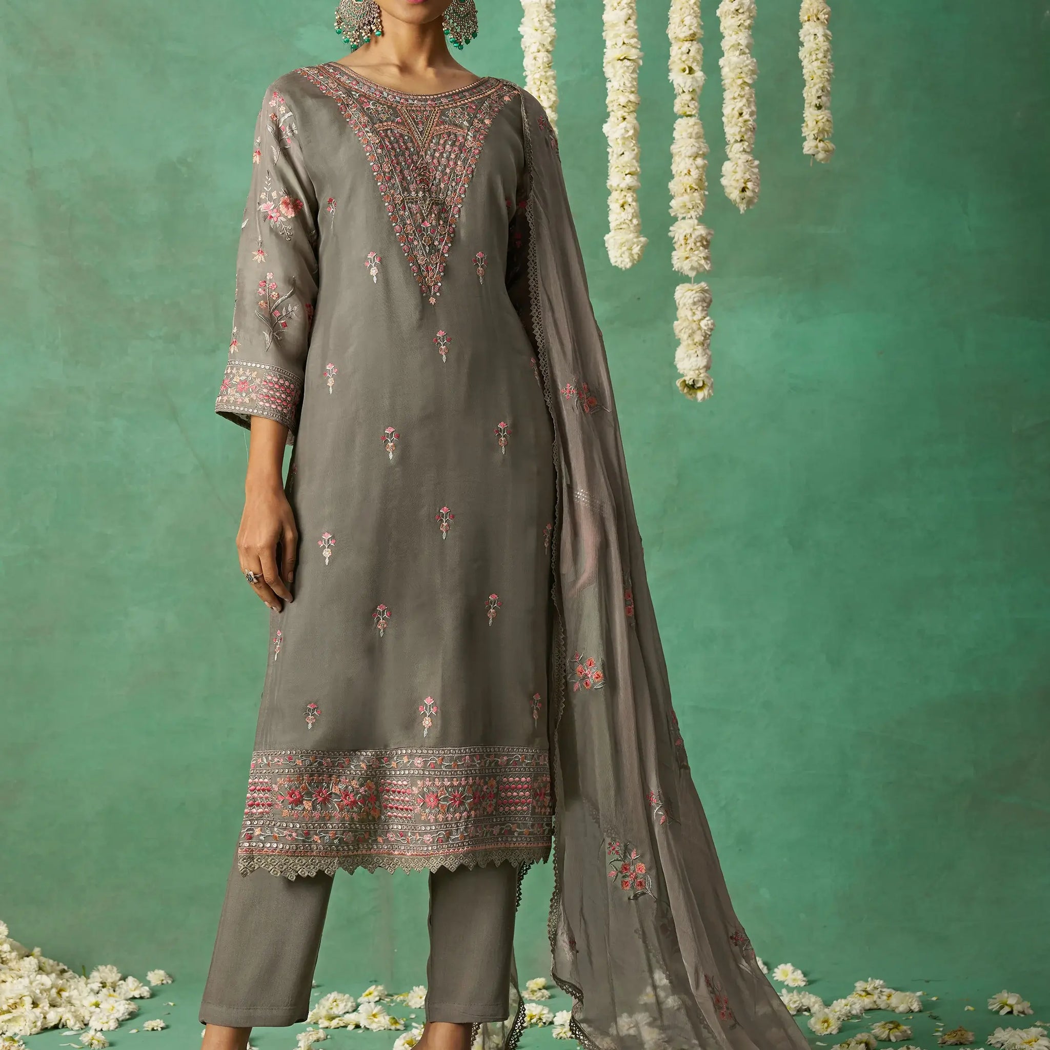 Beautiful Grey Embroidered Organza Festive Wear Pant Suit with Dupatta - Zeel Clothing