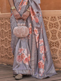 Beautiful Grey Floral Printed Silk Party Wear Saree With Blouse - Zeel Clothing