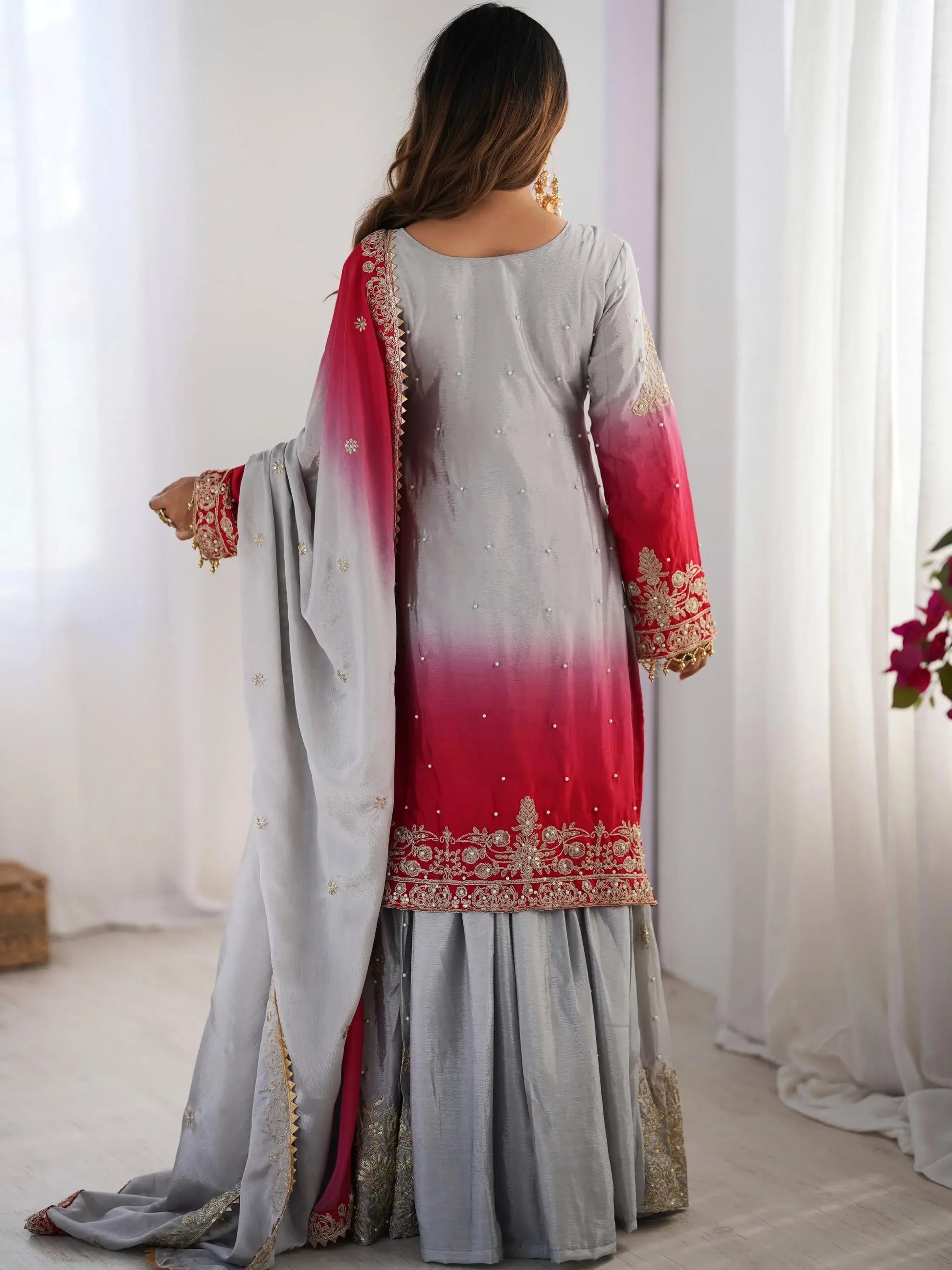 Beautiful Grey Pearl Work Festive Wear Chinon Sharara Suit - Zeel Clothing