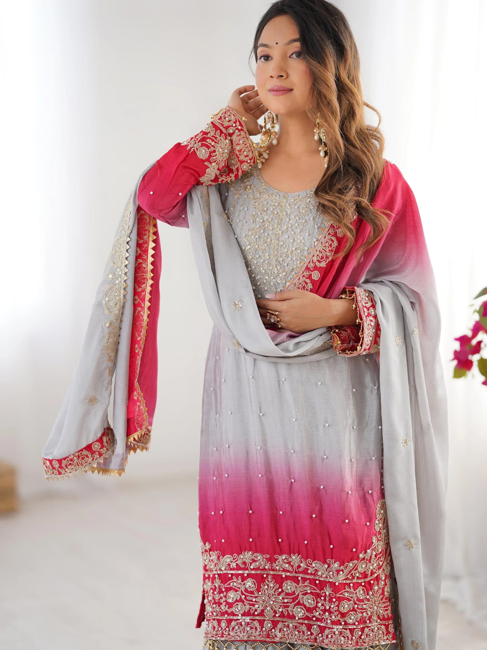 Beautiful Grey Pearl Work Festive Wear Chinon Sharara Suit - Zeel Clothing
