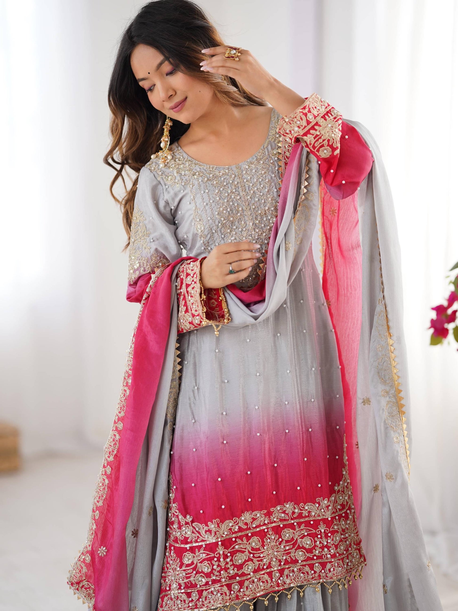 Beautiful Grey Pearl Work Festive Wear Chinon Sharara Suit - Zeel Clothing