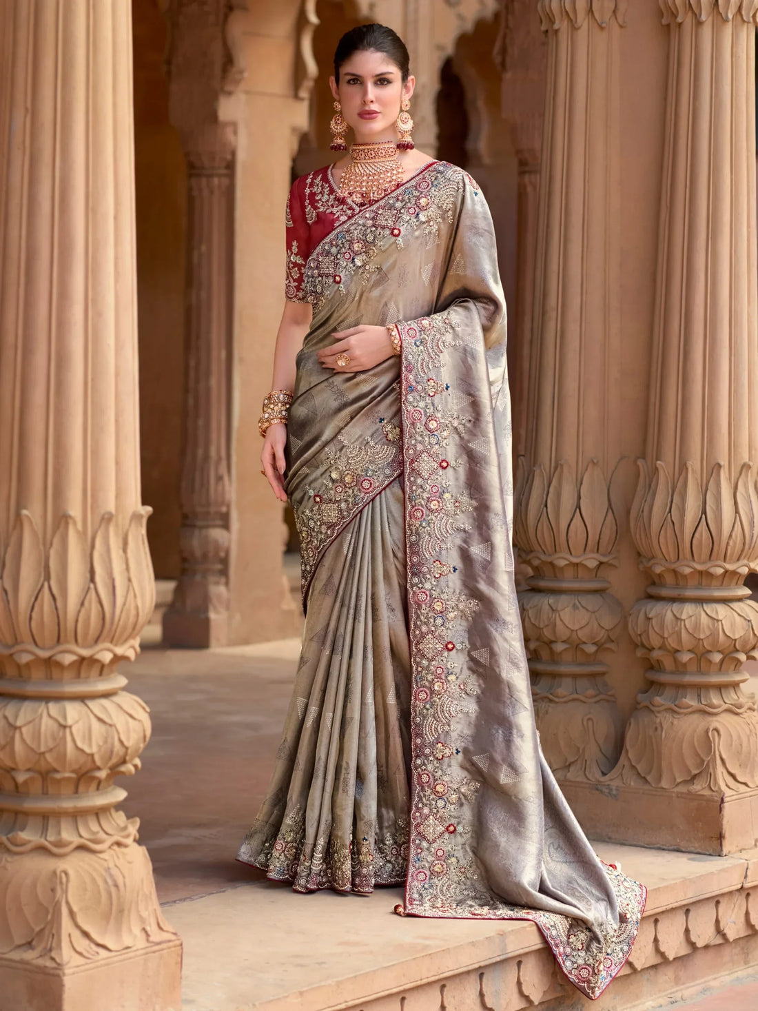 Beautiful Grey Sequins Silk Wedding Wear Saree With Blouse - Zeel Clothing