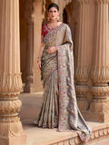 Beautiful Grey Sequins Silk Wedding Wear Saree With Blouse - Zeel Clothing