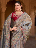 Beautiful Grey Sequins Silk Wedding Wear Saree With Blouse - Zeel Clothing