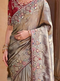 Beautiful Grey Sequins Silk Wedding Wear Saree With Blouse - Zeel Clothing