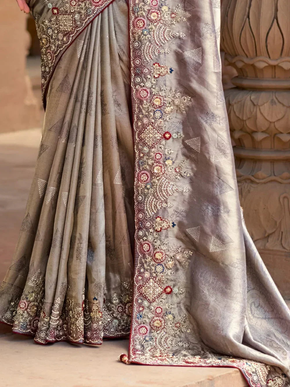 Beautiful Grey Sequins Silk Wedding Wear Saree With Blouse - Zeel Clothing