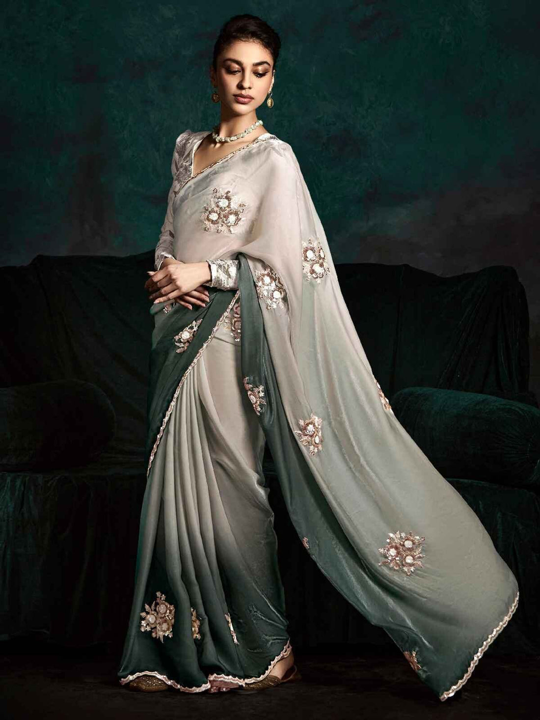 Beautiful Grey Zari Embroidered Tissue Silk Event Wear Saree - Zeel Clothing