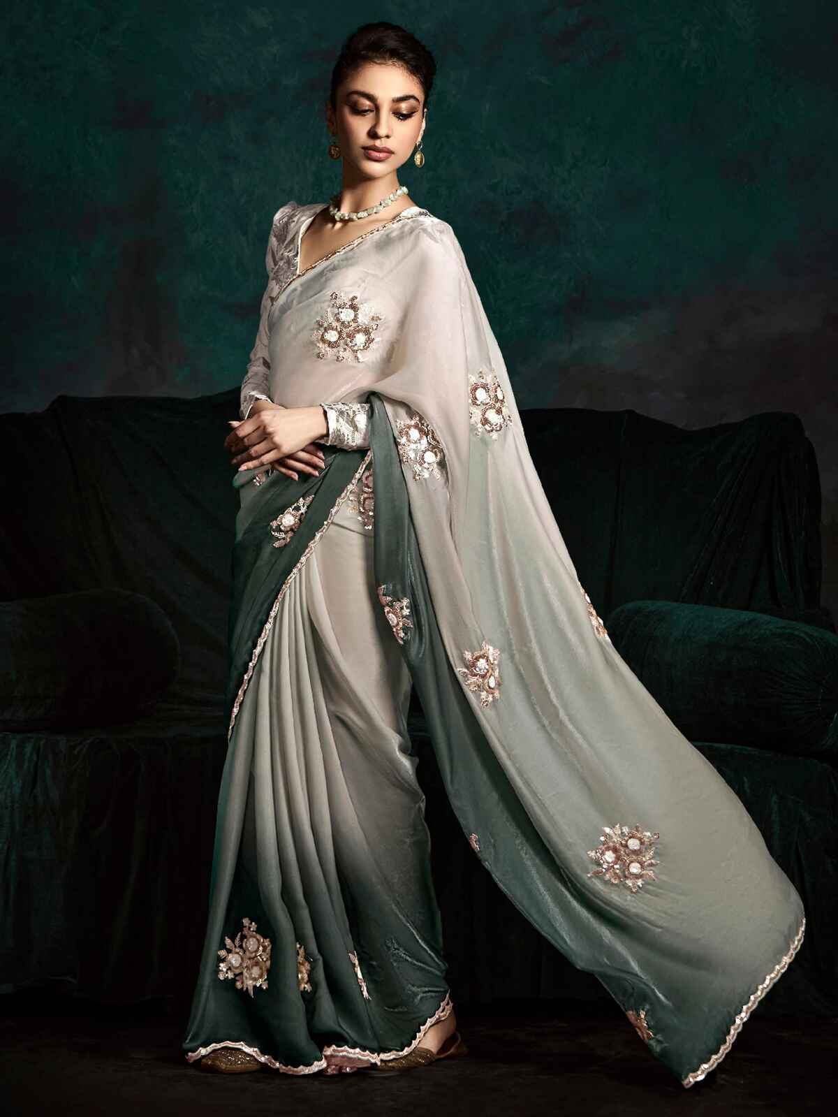 Beautiful Grey Zari Embroidered Tissue Silk Event Wear Saree - Zeel Clothing