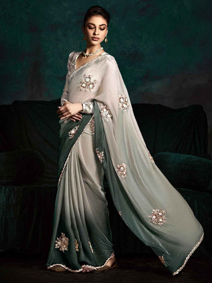Beautiful Grey Zari Embroidered Tissue Silk Event Wear Saree - Zeel Clothing