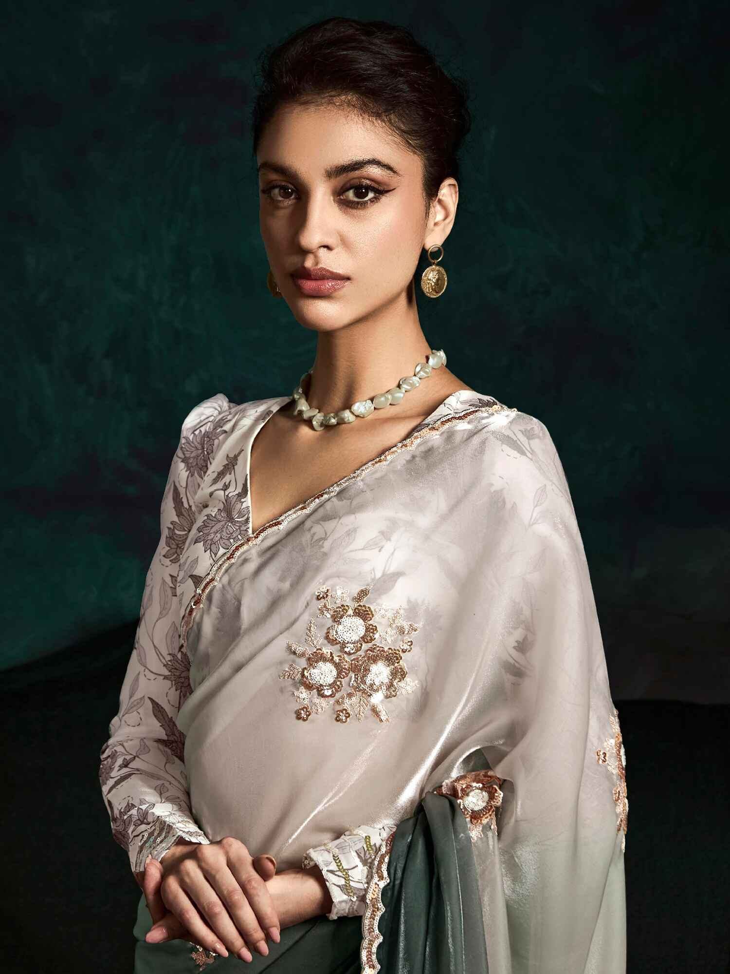 Beautiful Grey Zari Embroidered Tissue Silk Event Wear Saree - Zeel Clothing
