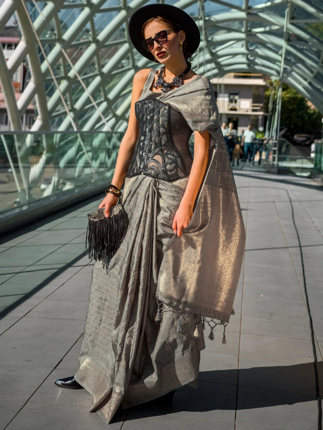 Beautiful Grey Zari Weaving Silk Event Wear Saree With Blouse - Zeel Clothing
