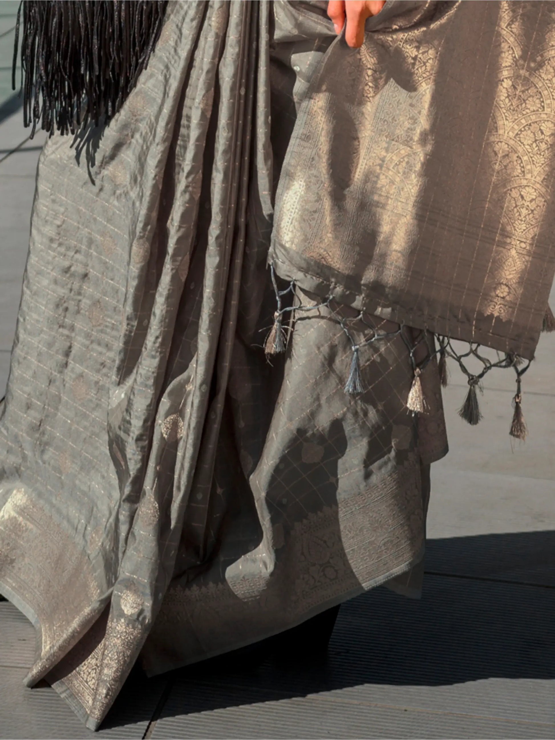 Beautiful Grey Zari Weaving Silk Event Wear Saree With Blouse - Zeel Clothing