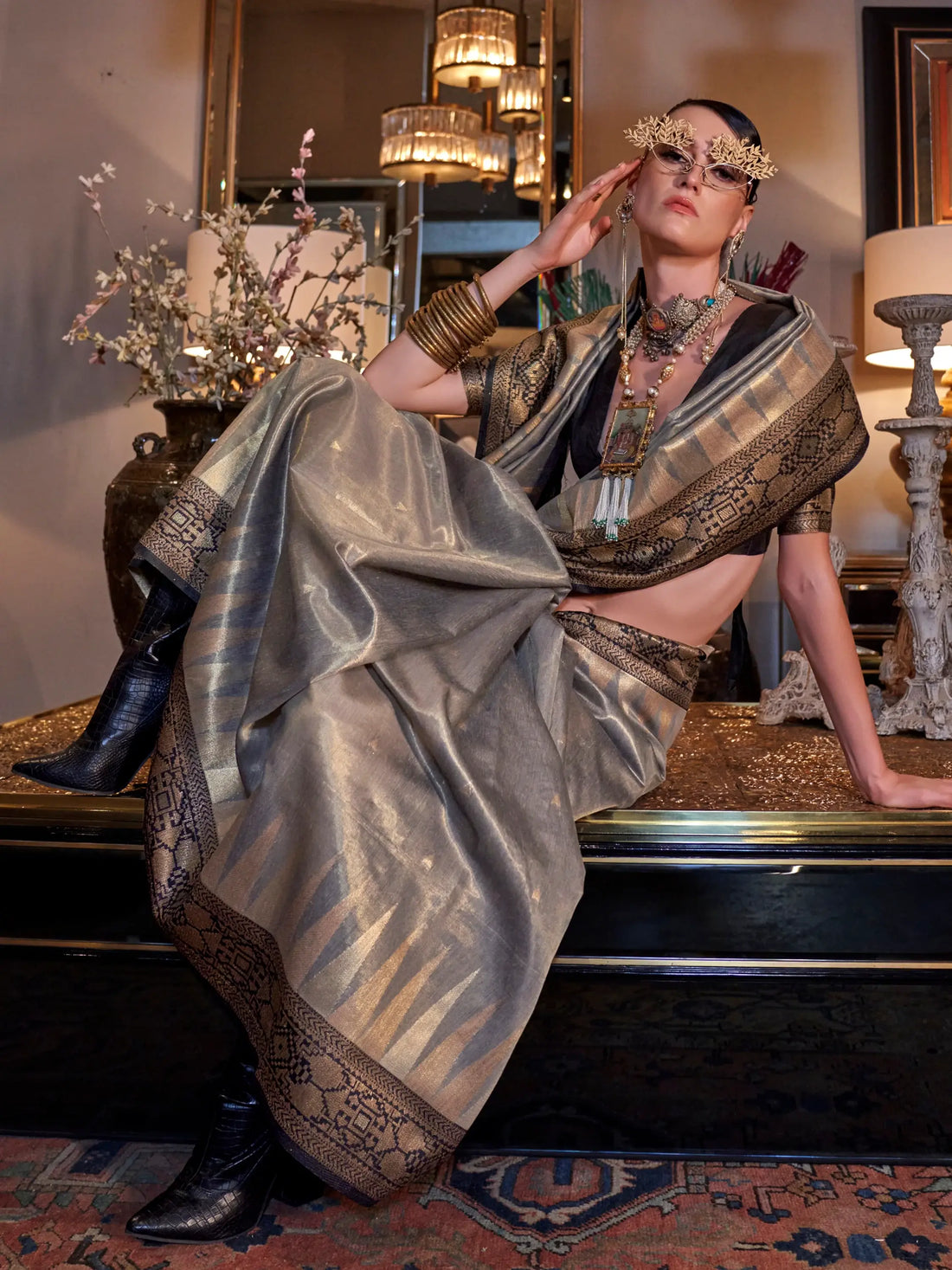 Beautiful Grey Zari Weaving Tissue Silk Traditional Saree With Blouse - Zeel Clothing