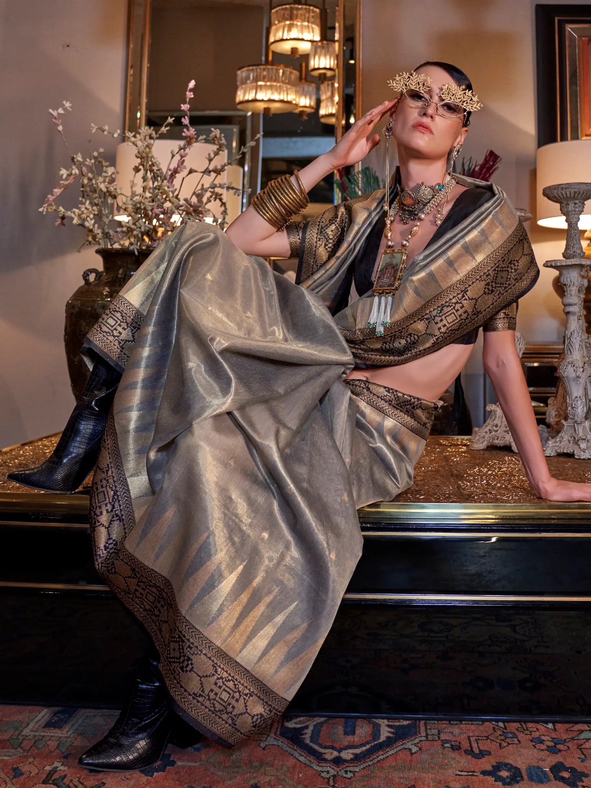 Beautiful Grey Zari Weaving Tissue Silk Traditional Saree With Blouse - Zeel Clothing
