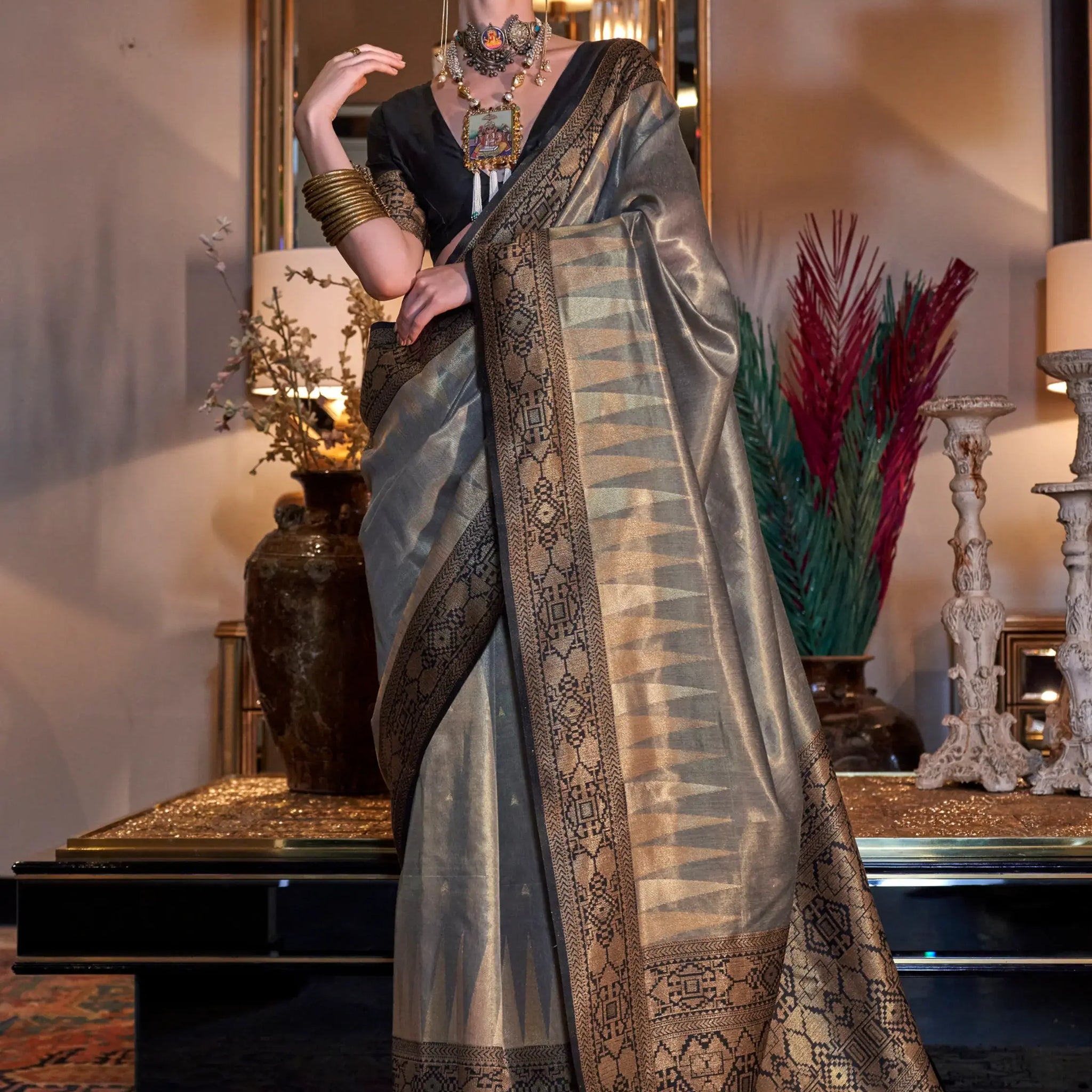 Beautiful Grey Zari Weaving Tissue Silk Traditional Saree With Blouse - Zeel Clothing