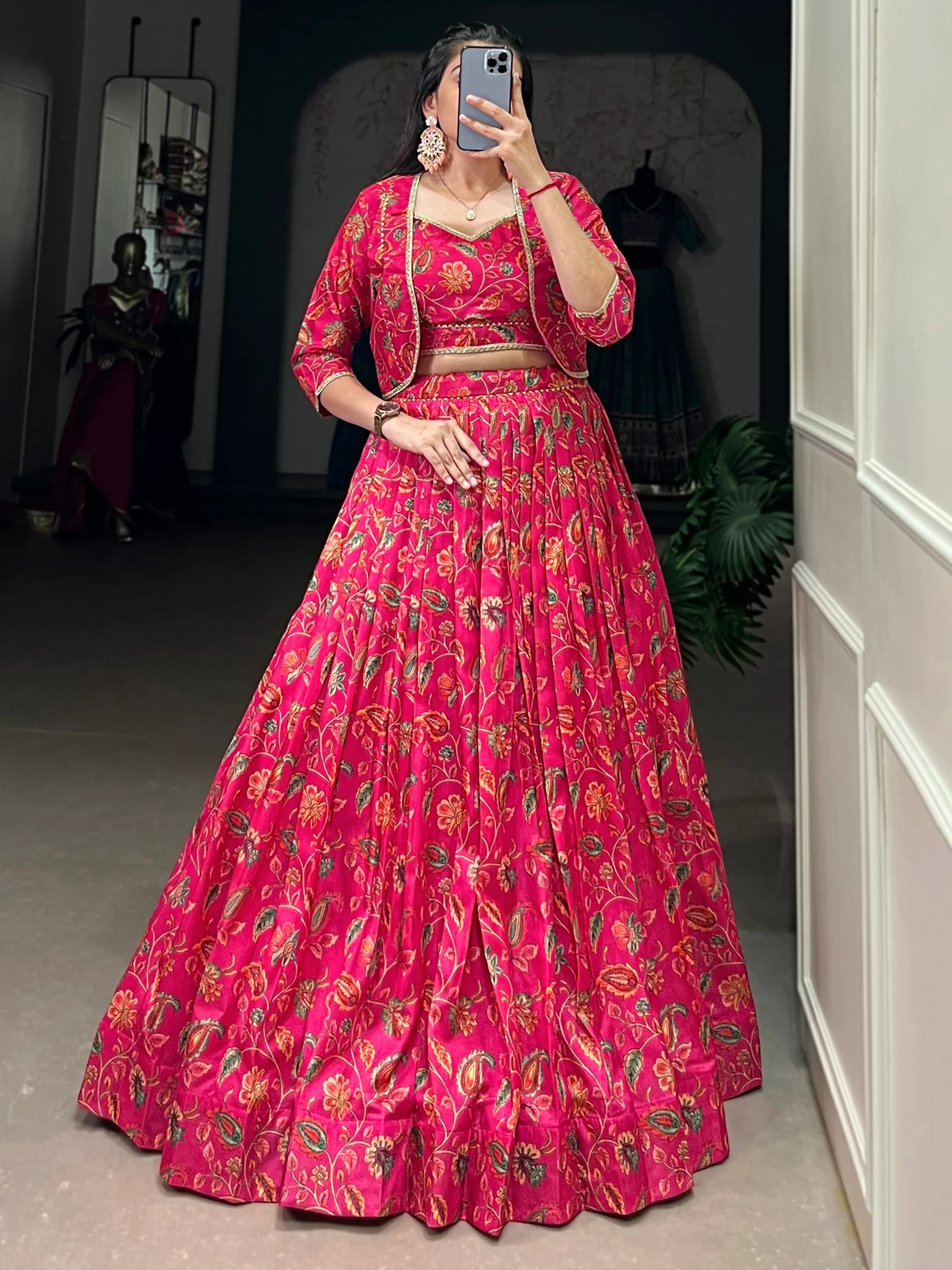 Beautiful Hot Pink Floral Printed Silk Crop Top Lehenga With Jacket - Zeel Clothing