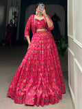 Beautiful Hot Pink Floral Printed Silk Crop Top Lehenga With Jacket - Zeel Clothing