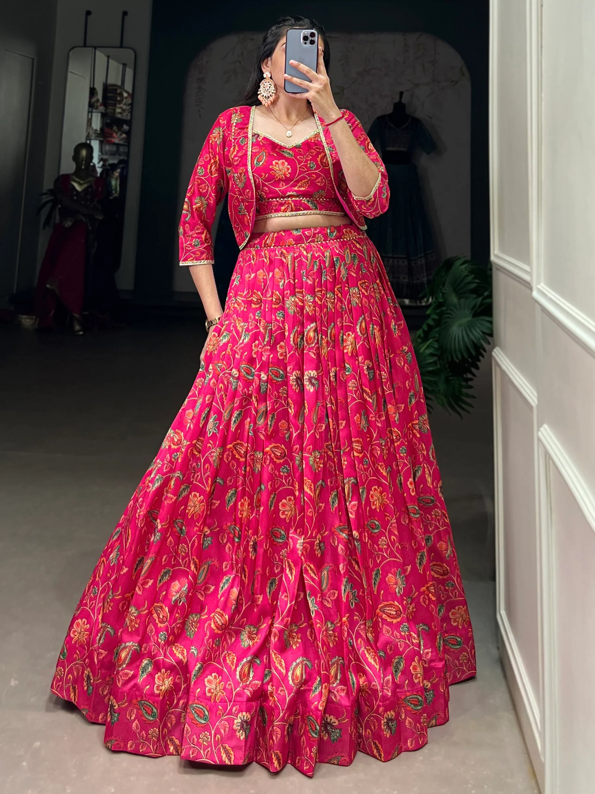 Beautiful Hot Pink Floral Printed Silk Crop Top Lehenga With Jacket - Zeel Clothing