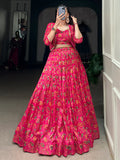 Beautiful Hot Pink Floral Printed Silk Crop Top Lehenga With Jacket - Zeel Clothing