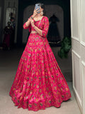 Beautiful Hot Pink Floral Printed Silk Crop Top Lehenga With Jacket - Zeel Clothing