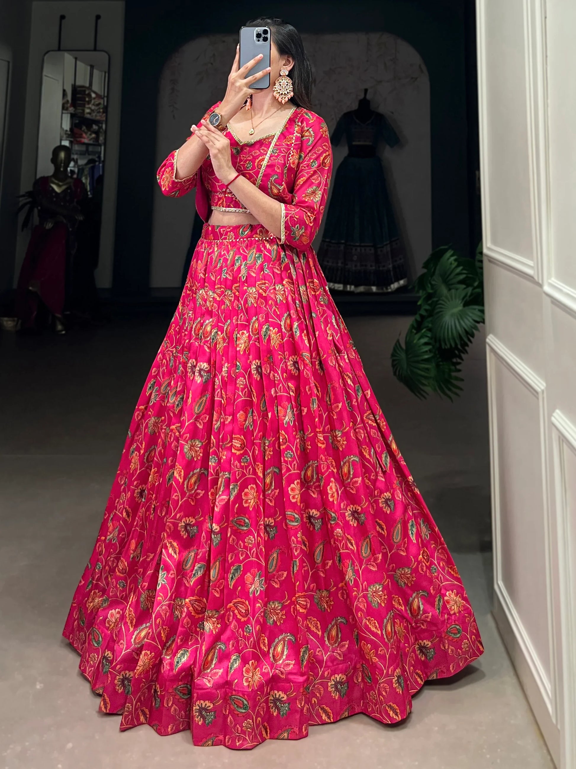 Beautiful Hot Pink Floral Printed Silk Crop Top Lehenga With Jacket - Zeel Clothing