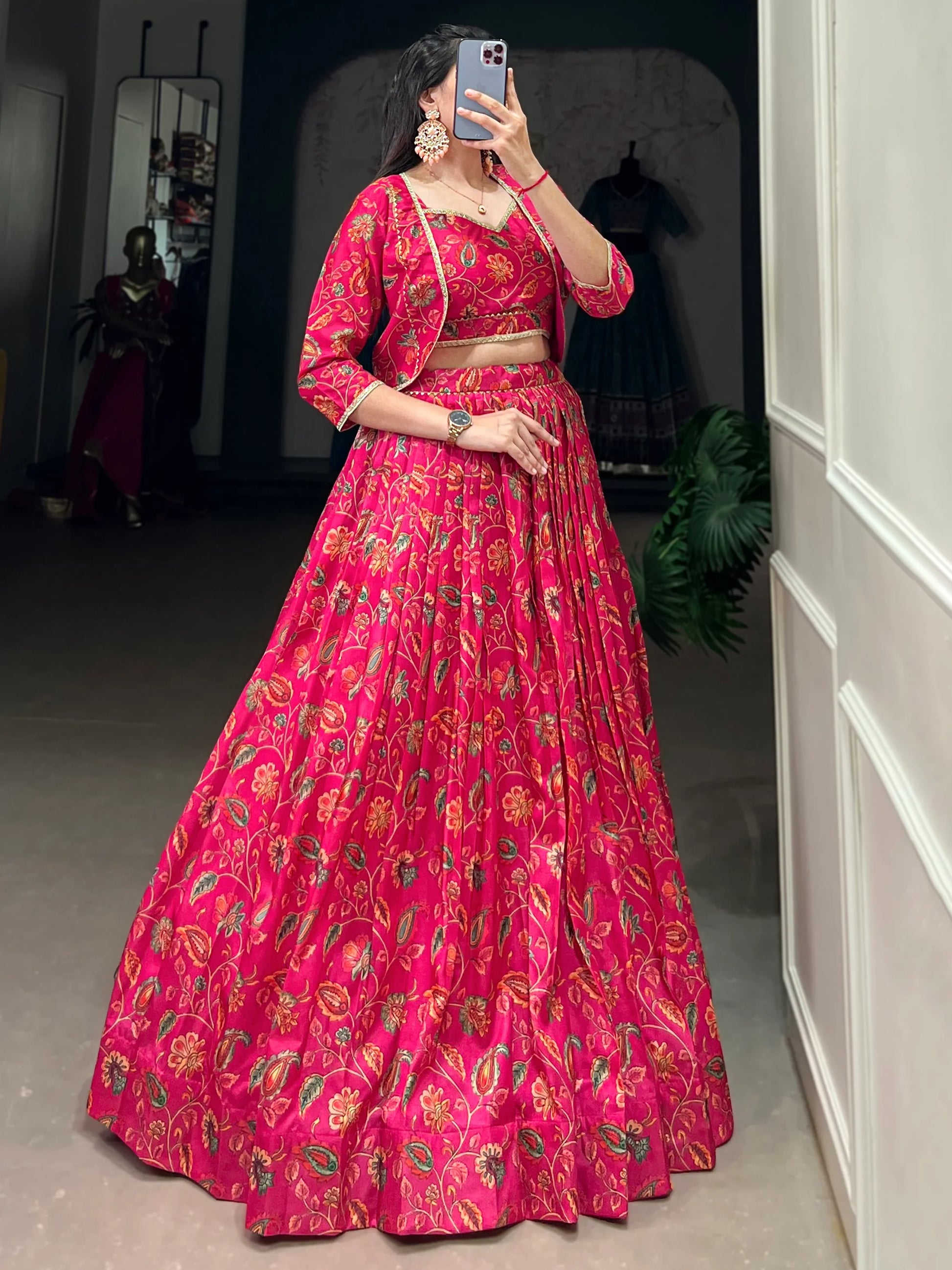 Beautiful Hot Pink Floral Printed Silk Crop Top Lehenga With Jacket - Zeel Clothing