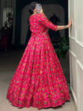 Beautiful Hot Pink Floral Printed Silk Crop Top Lehenga With Jacket - Zeel Clothing