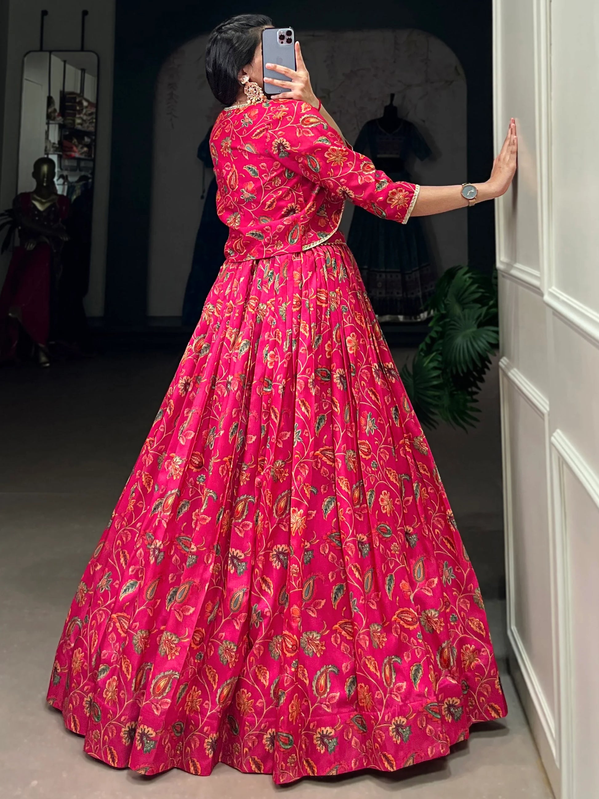Beautiful Hot Pink Floral Printed Silk Crop Top Lehenga With Jacket - Zeel Clothing
