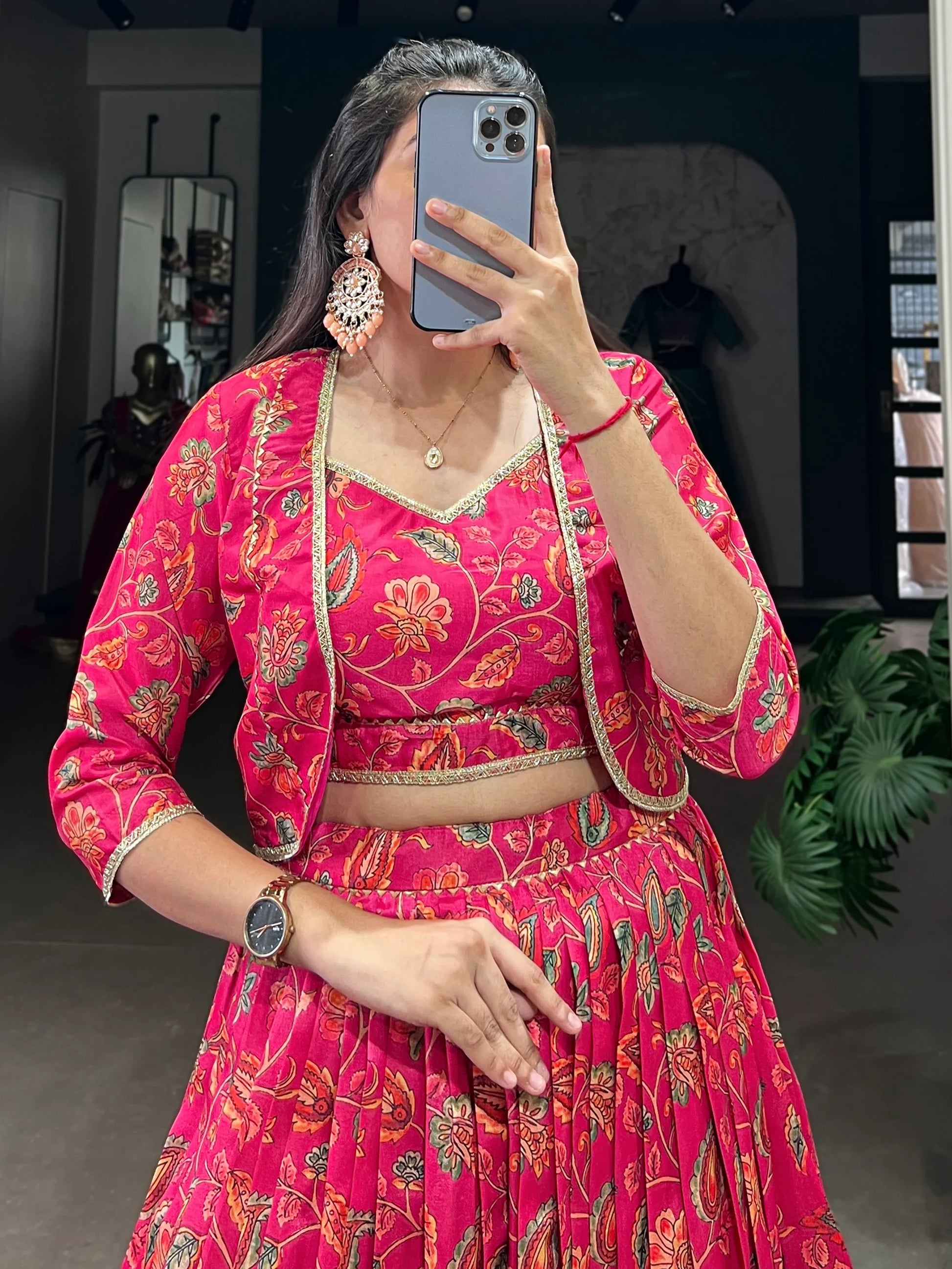 Beautiful Hot Pink Floral Printed Silk Crop Top Lehenga With Jacket - Zeel Clothing