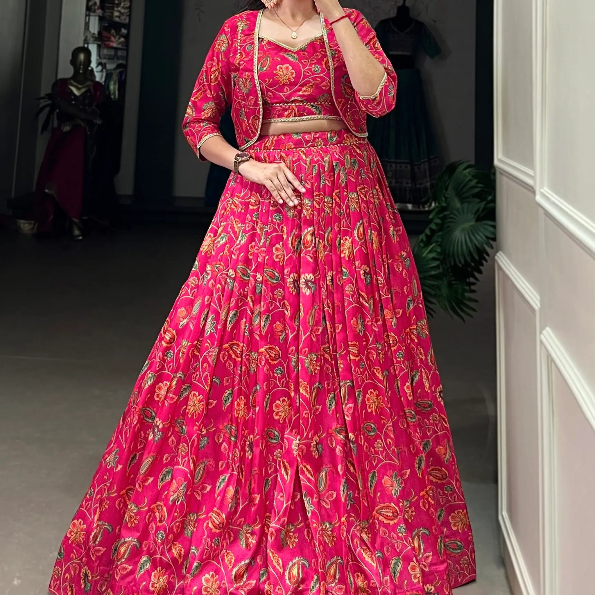 Beautiful Hot Pink Floral Printed Silk Crop Top Lehenga With Jacket - Zeel Clothing