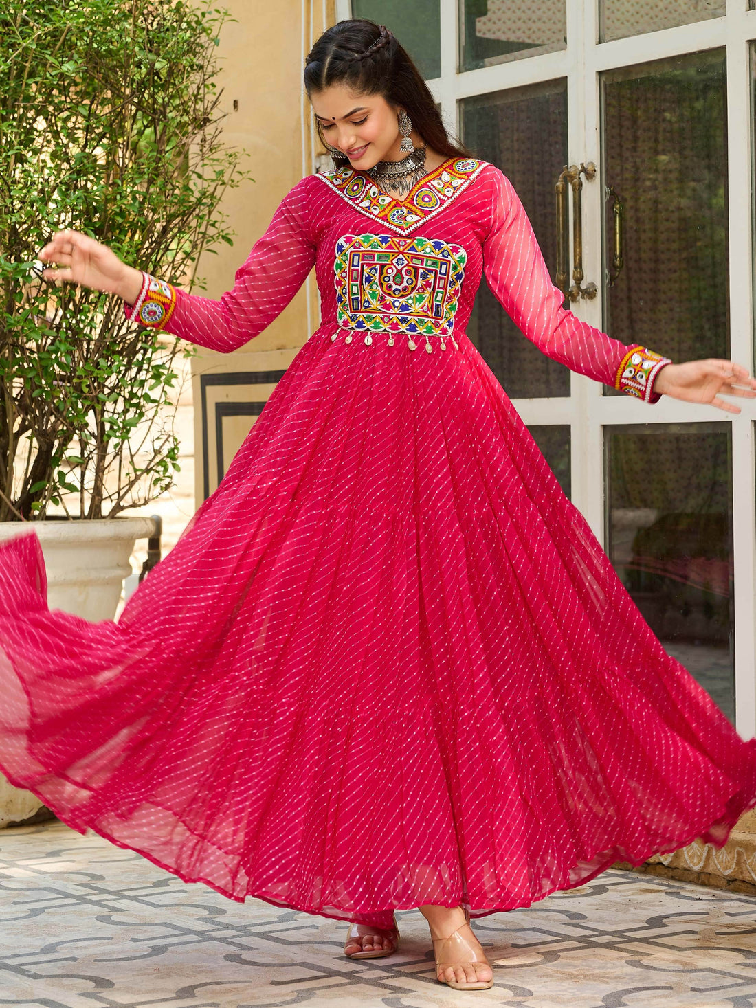 Beautiful Hot Pink Kutchi Patch Work Georgette Traditional Gown - Zeel Clothing