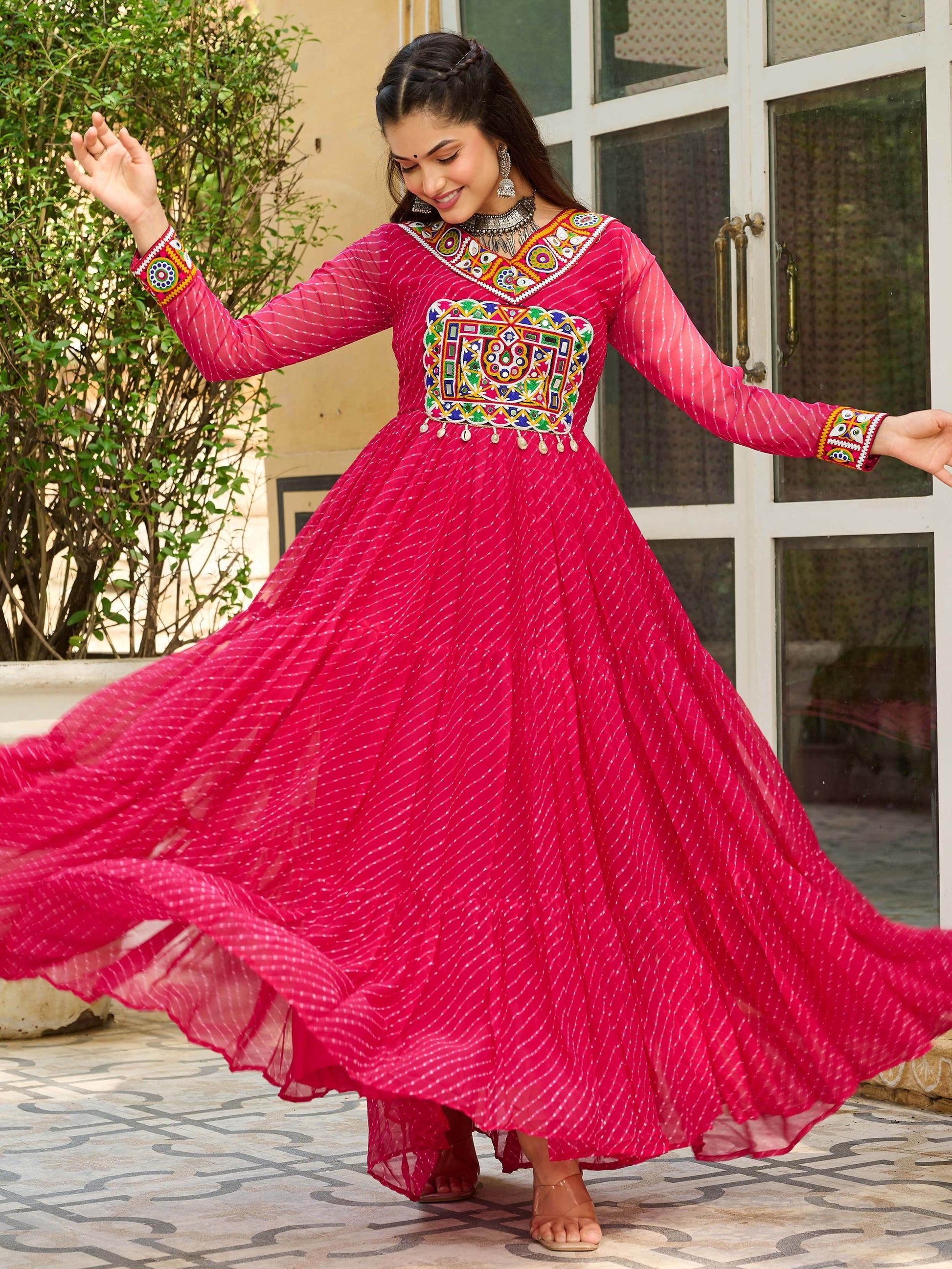 Beautiful Hot Pink Kutchi Patch Work Georgette Traditional Gown - Zeel Clothing