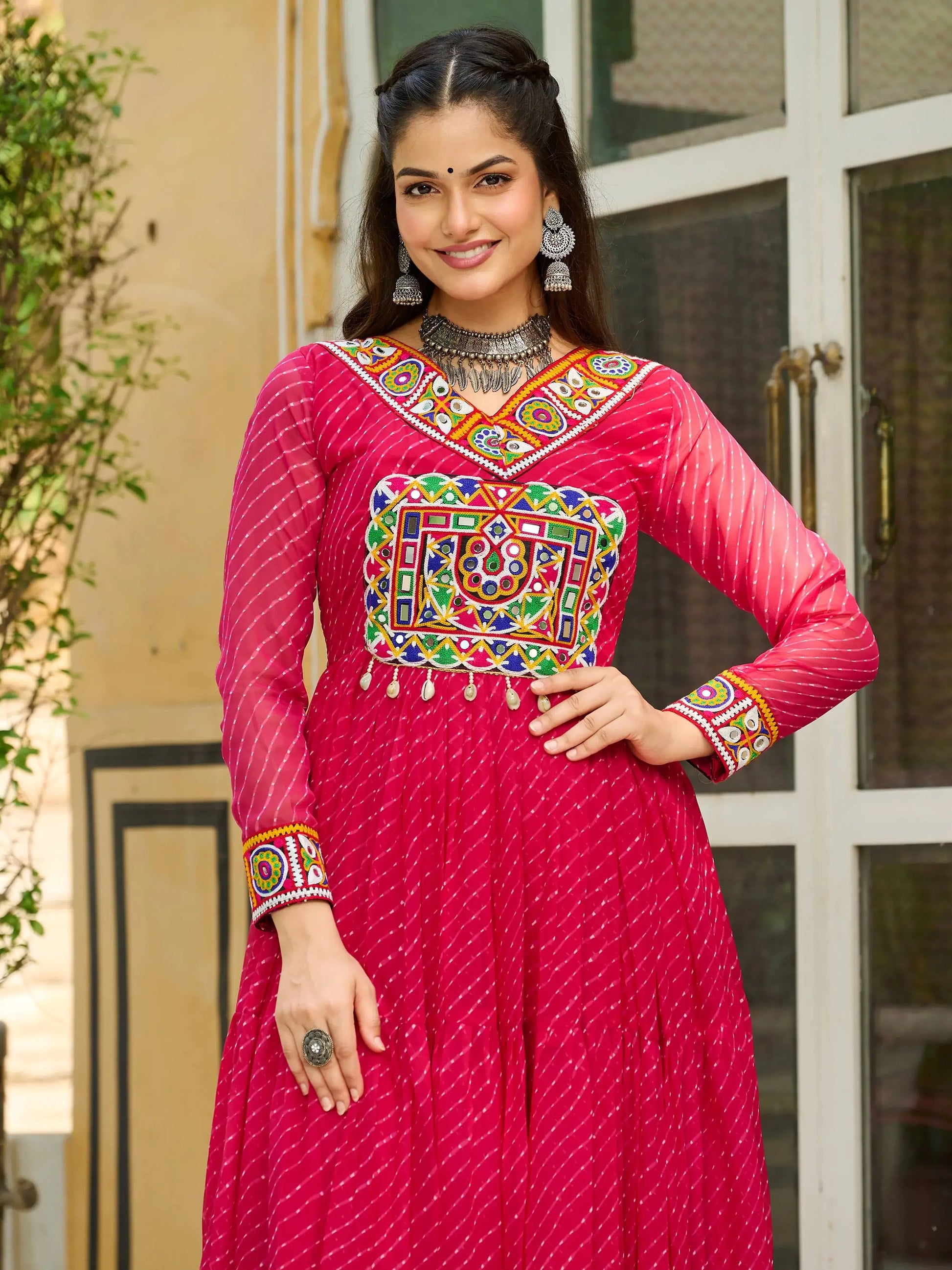 Beautiful Hot Pink Kutchi Patch Work Georgette Traditional Gown - Zeel Clothing