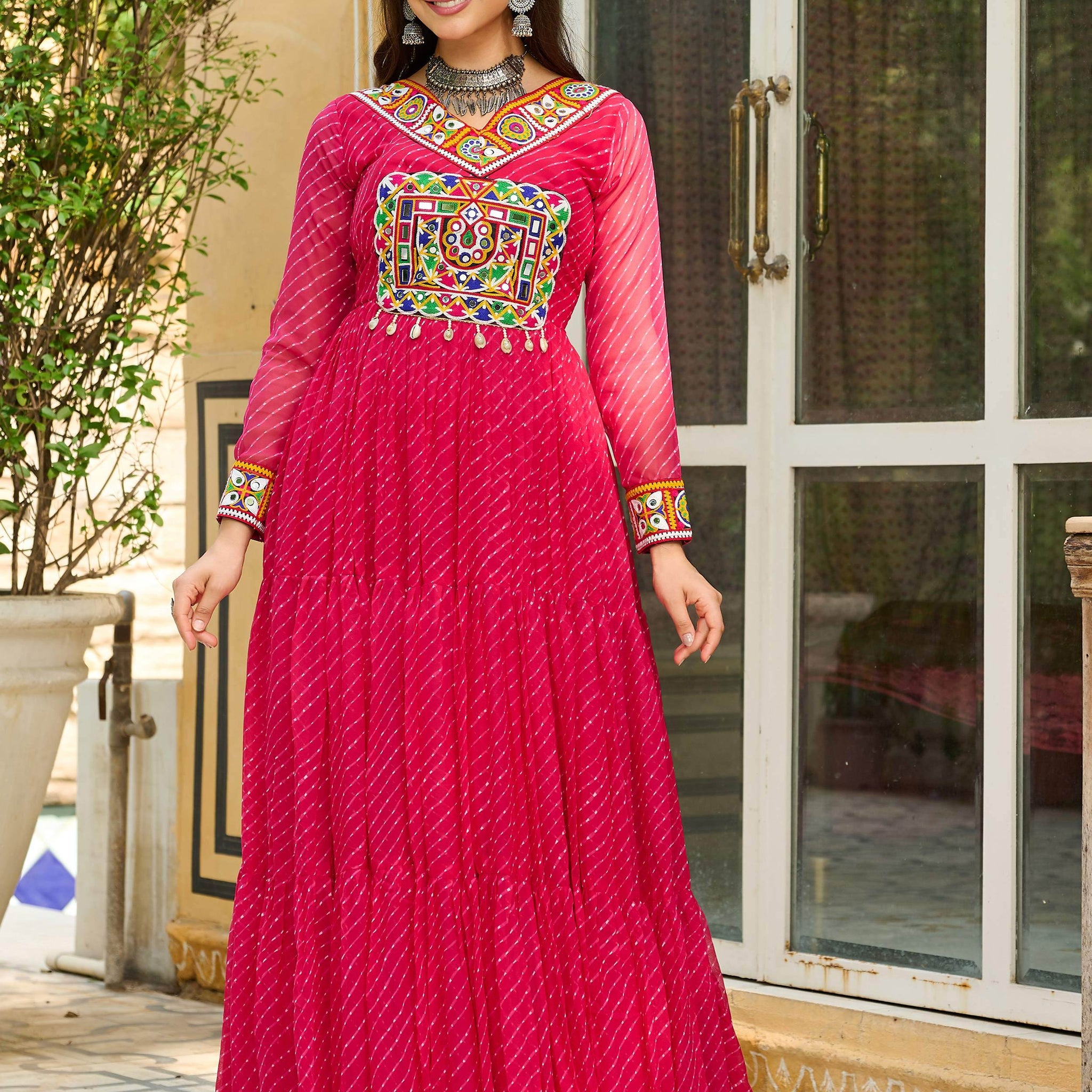 Beautiful Hot Pink Kutchi Patch Work Georgette Traditional Gown - Zeel Clothing