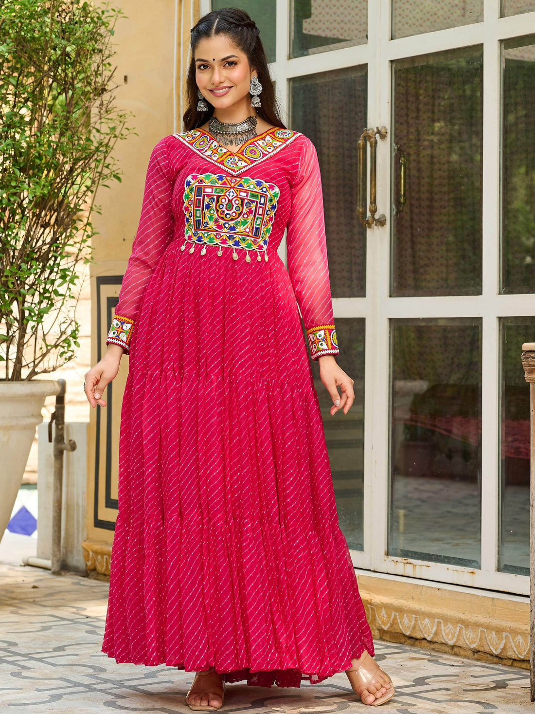 Beautiful Hot Pink Kutchi Patch Work Georgette Traditional Gown - Zeel Clothing