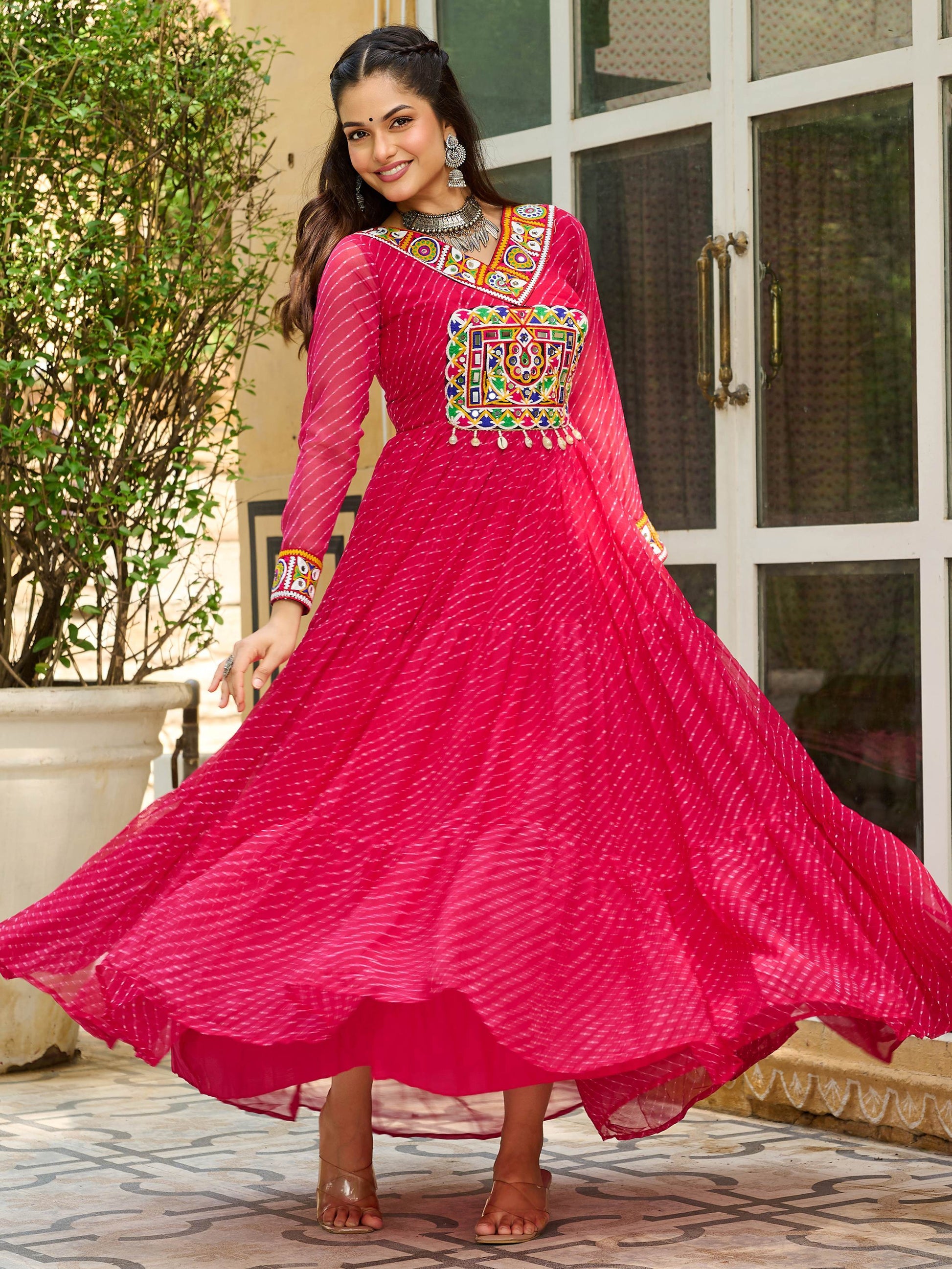 Beautiful Hot Pink Kutchi Patch Work Georgette Traditional Gown - Zeel Clothing