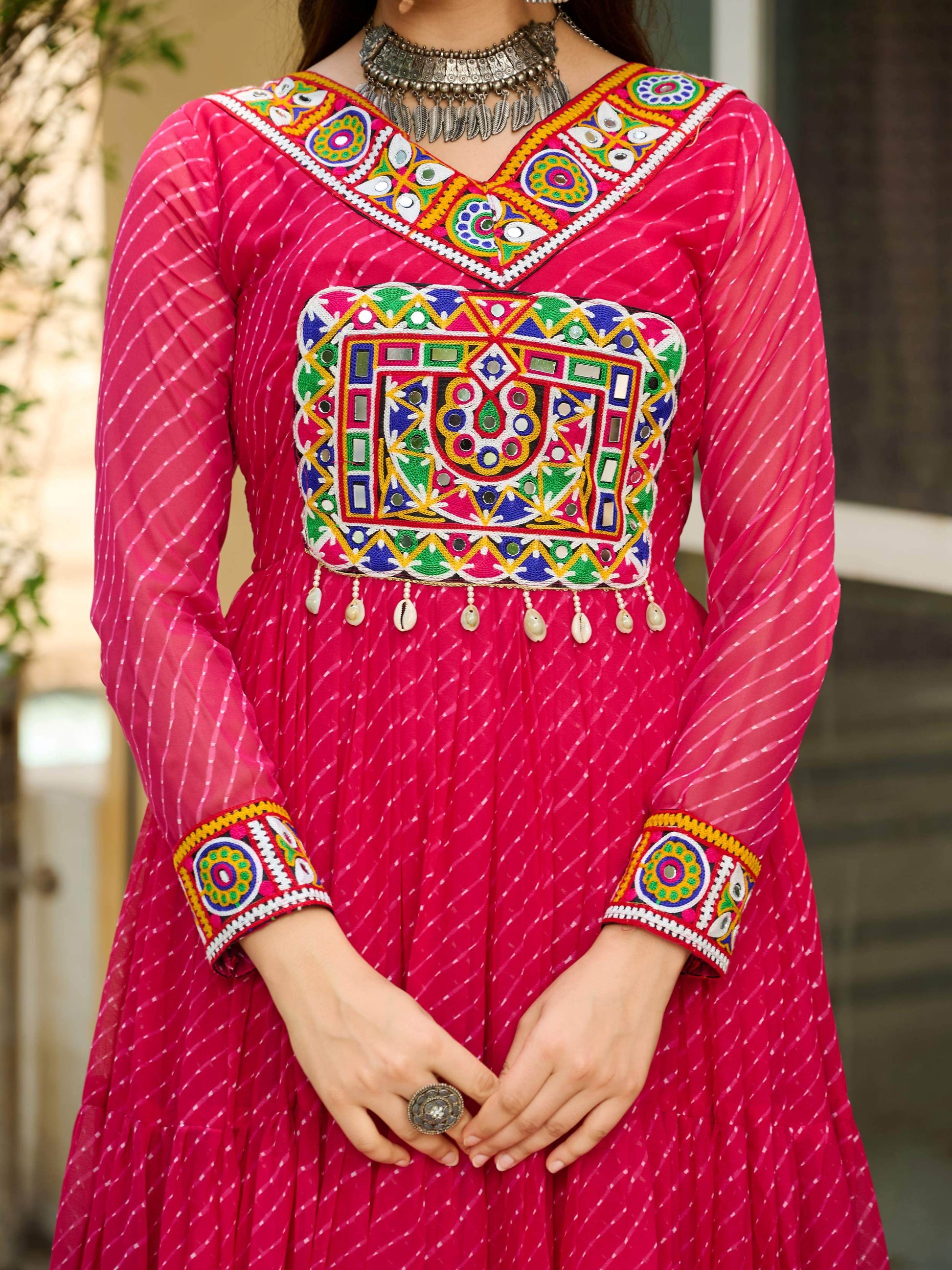 Beautiful Hot Pink Kutchi Patch Work Georgette Traditional Gown - Zeel Clothing