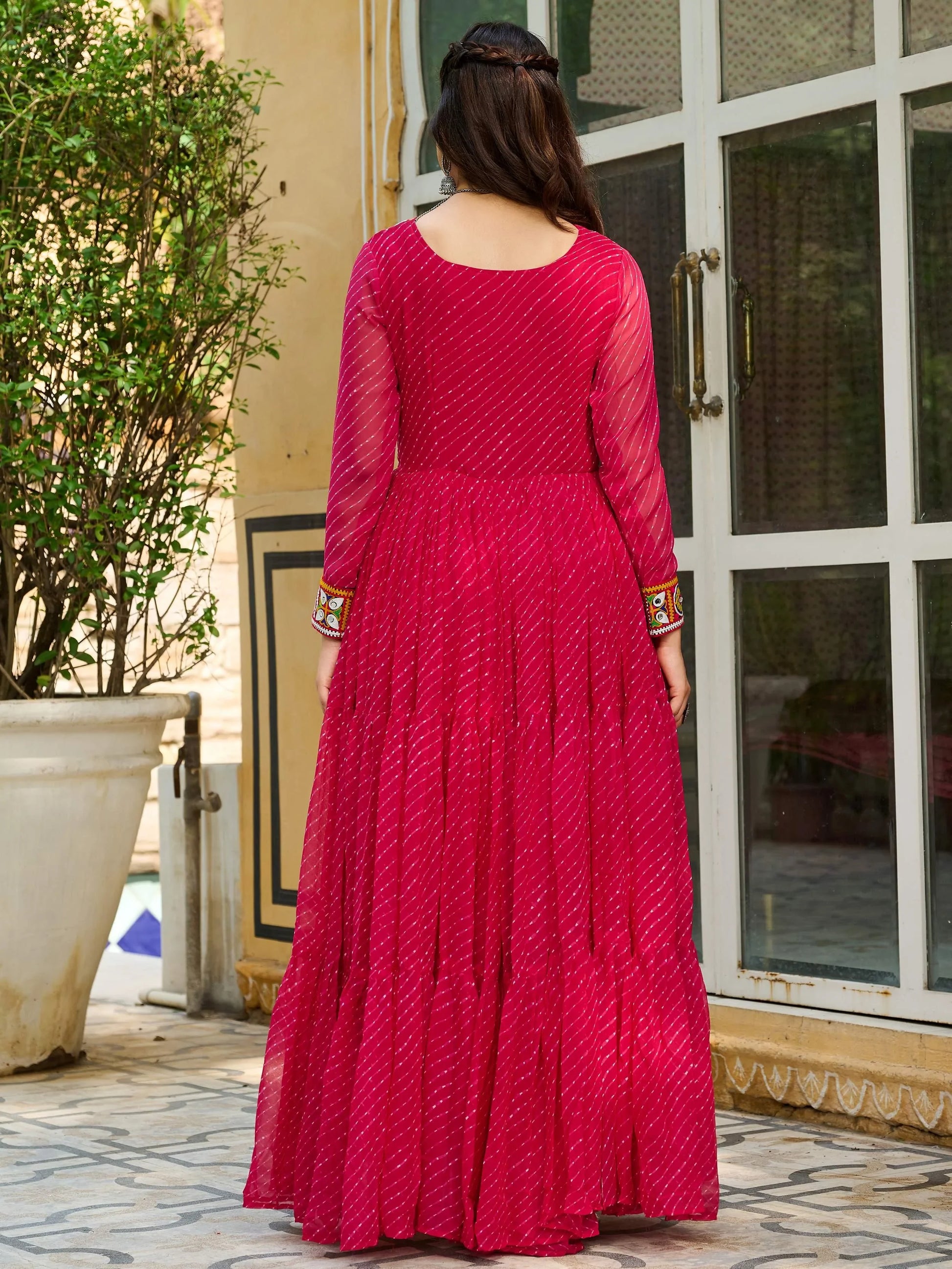 Beautiful Hot Pink Kutchi Patch Work Georgette Traditional Gown - Zeel Clothing