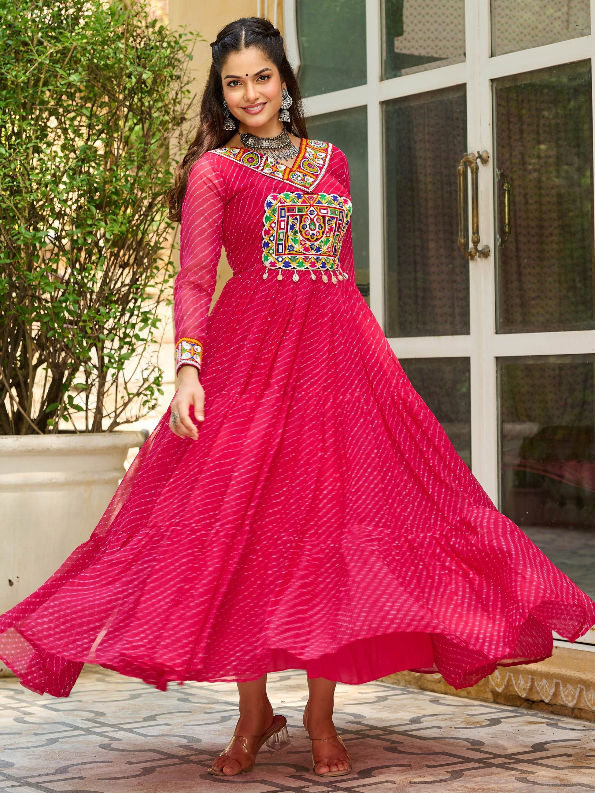 Beautiful Hot Pink Kutchi Patch Work Georgette Traditional Gown - Zeel Clothing