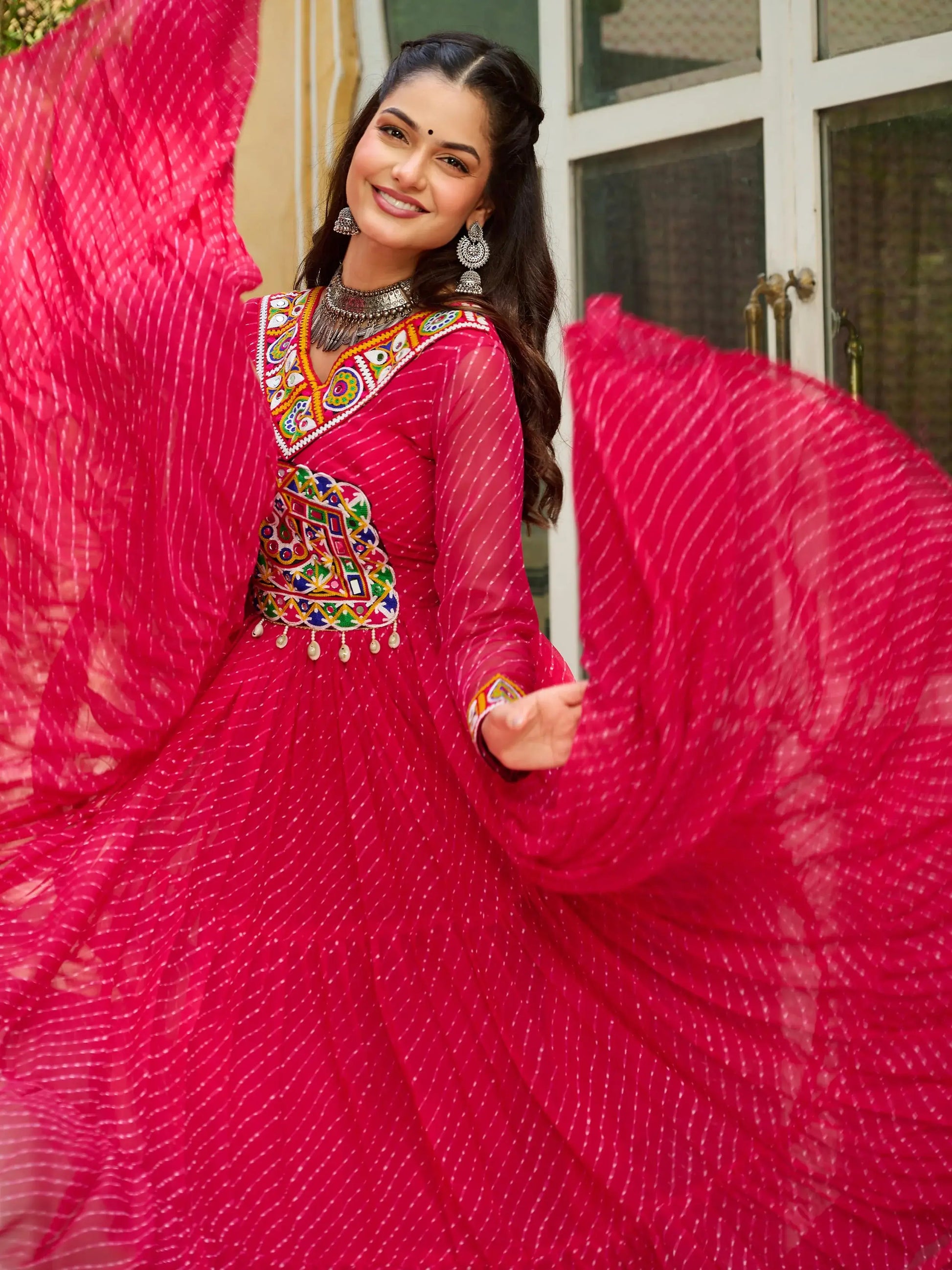 Beautiful Hot Pink Kutchi Patch Work Georgette Traditional Gown - Zeel Clothing
