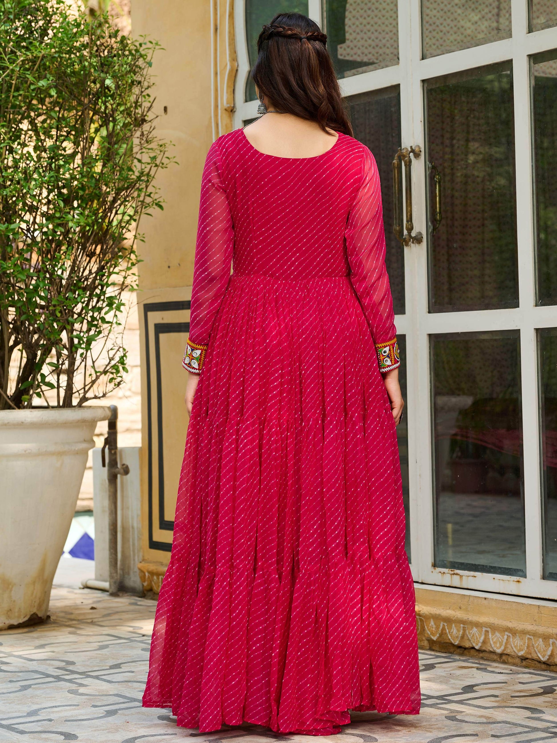 Beautiful Hot Pink Kutchi Patch Work Georgette Traditional Gown - Zeel Clothing