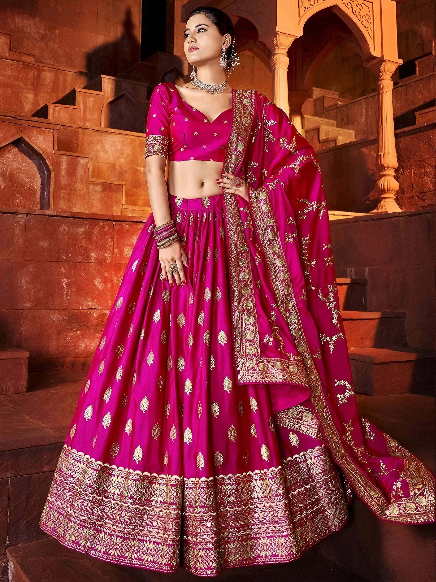 Beautiful Hot Pink Sequins Silk Wedding Lehenga Choli With Dupatta