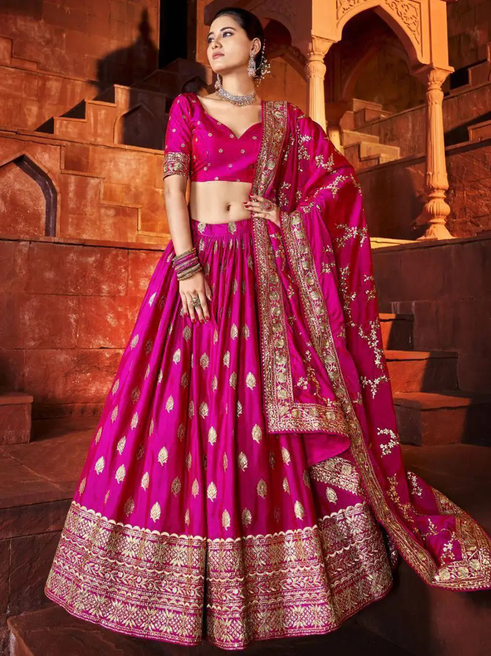 Beautiful Hot Pink Sequins Silk Wedding Lehenga Choli With Dupatta - Zeel Clothing