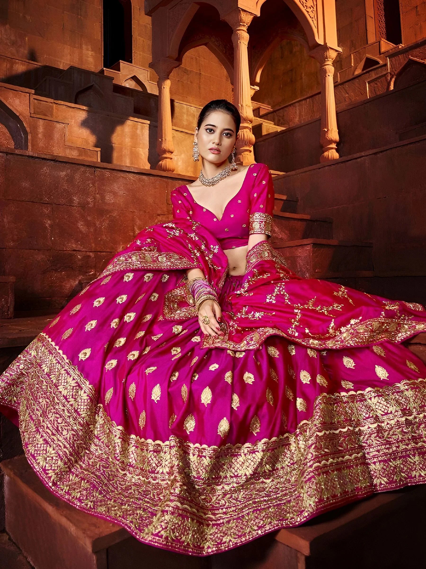 Beautiful Hot Pink Sequins Silk Wedding Lehenga Choli With Dupatta